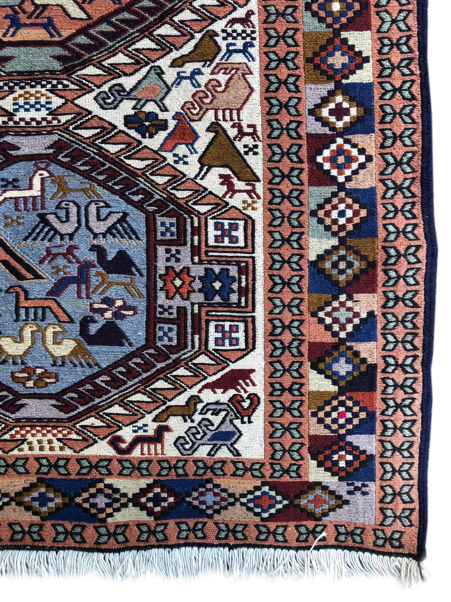 Persian Sumak Multi-Color Tribal Animal Motif Kilim Rug For Sale 1