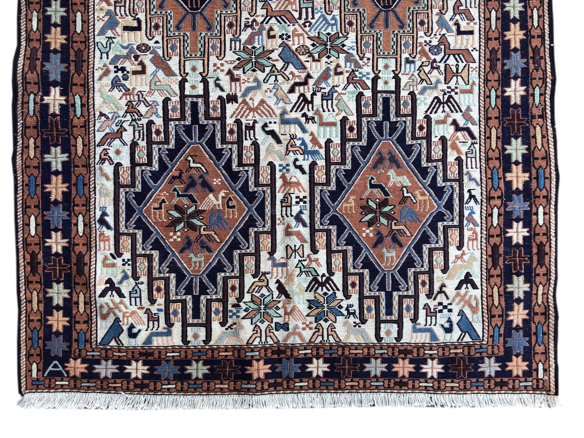 Persian Sumak Multi-Color Tribal Animal Motif Kilim Rug For Sale 3