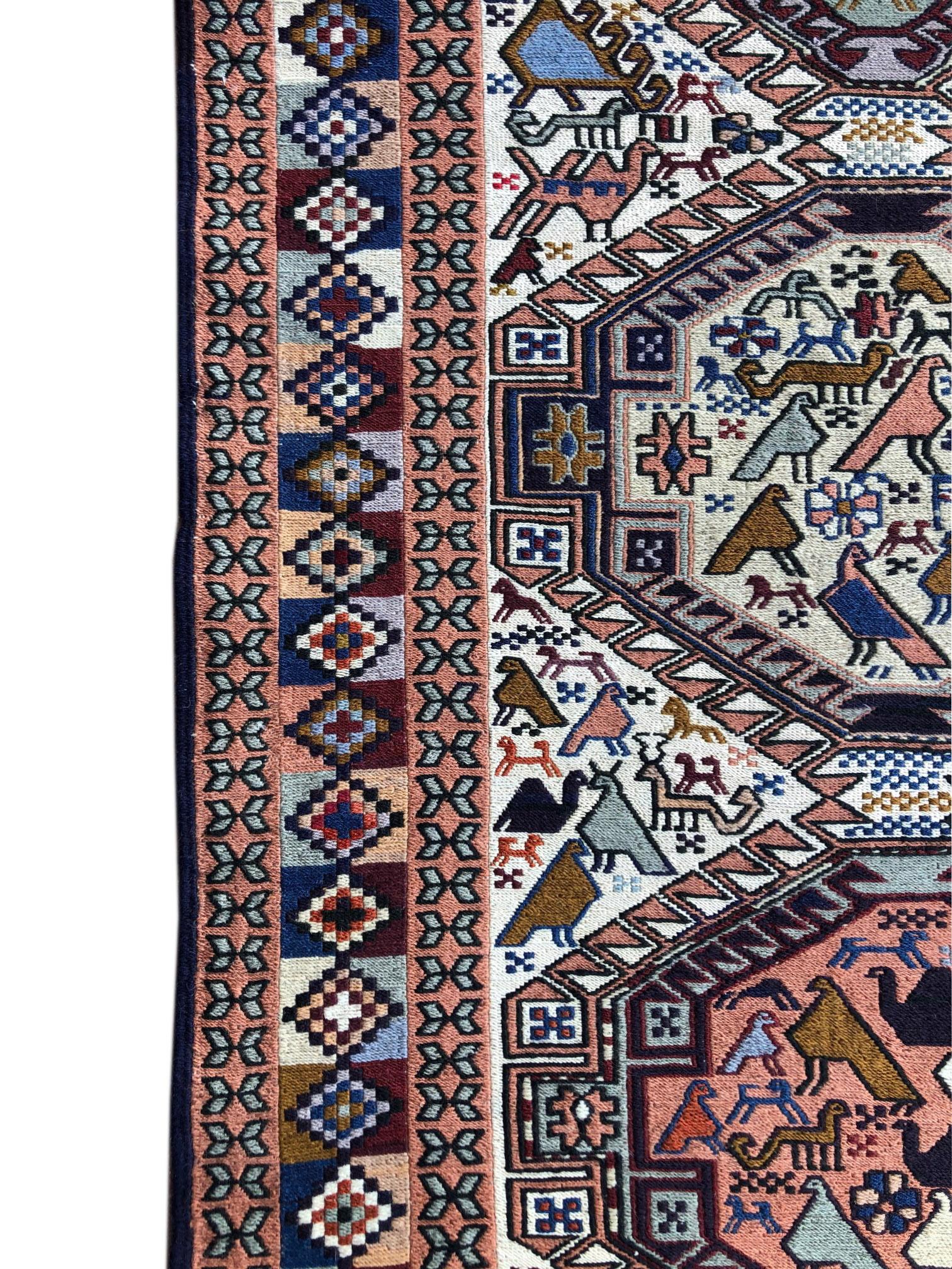 Persian Sumak Multi-Color Tribal Animal Motif Kilim Rug For Sale 2