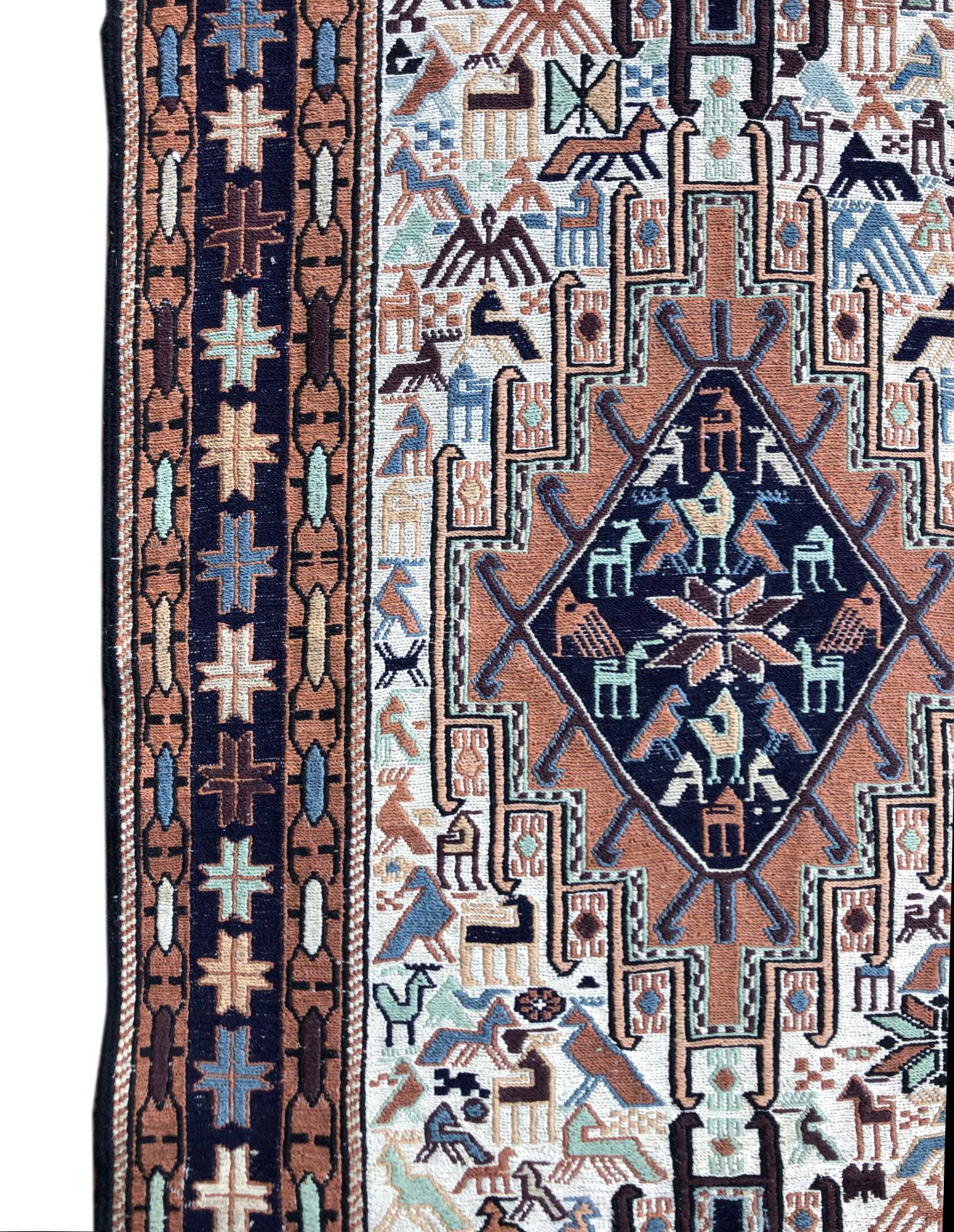 Persian Sumak Multi-Color Tribal Animal Motif Kilim Rug For Sale 4