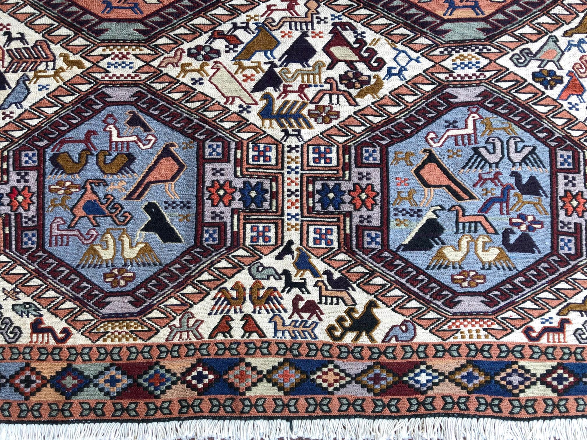 Persian Sumak Multi-Color Tribal Animal Motif Kilim Rug For Sale 4