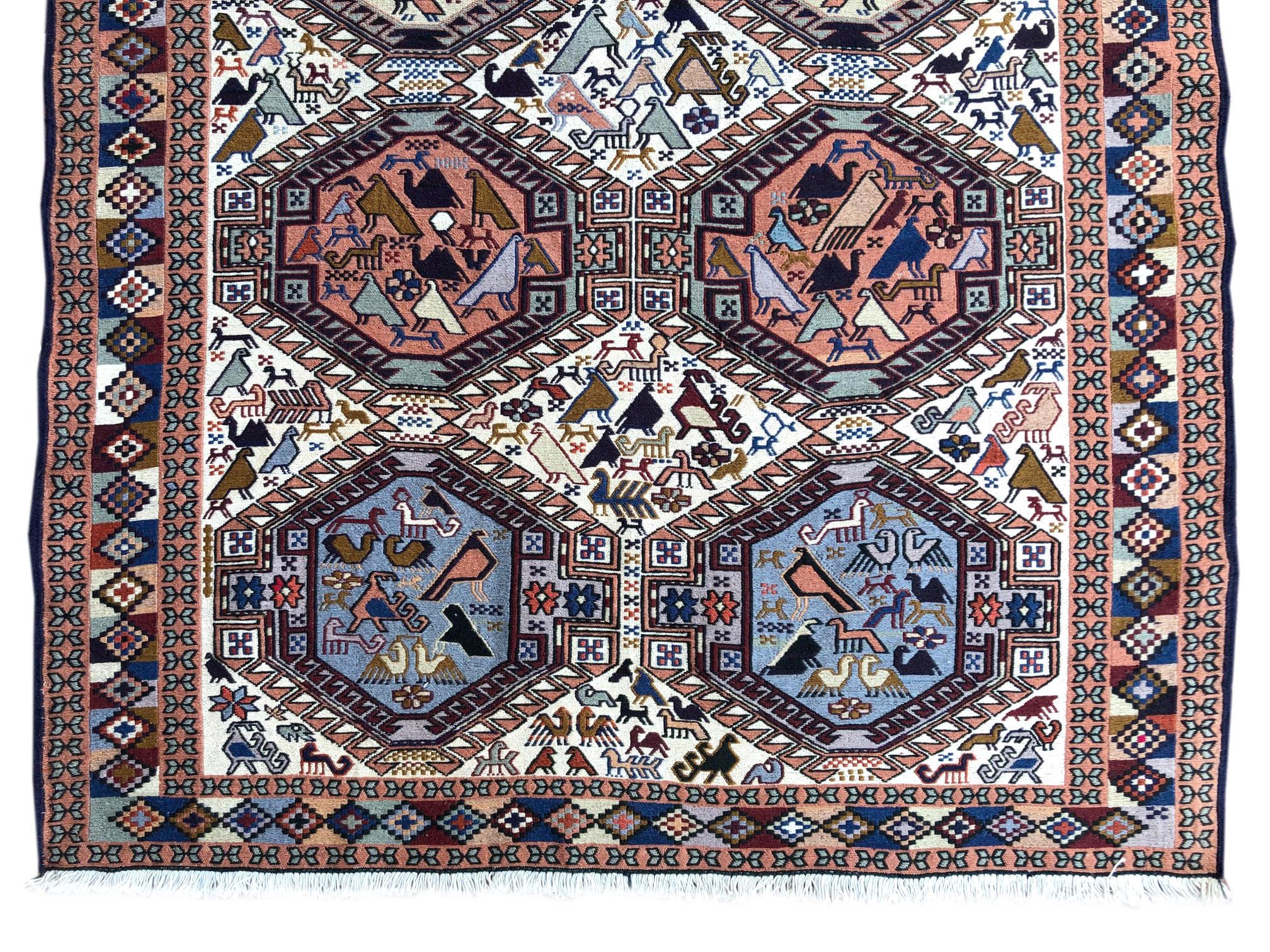 Persian Sumak Multi-Color Tribal Animal Motif Kilim Rug For Sale 5