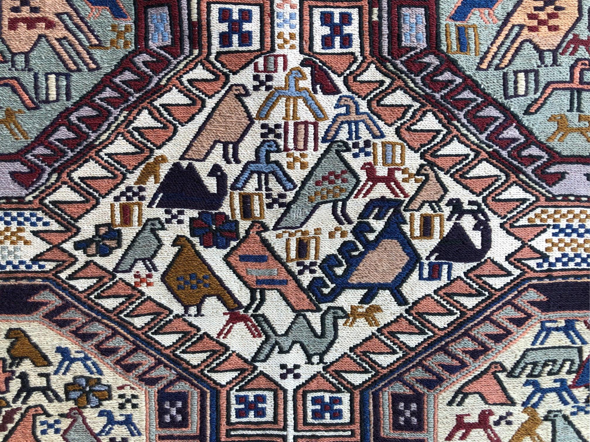 Hand-Knotted Persian Sumak Multi-Color Tribal Animal Motif Kilim Rug For Sale