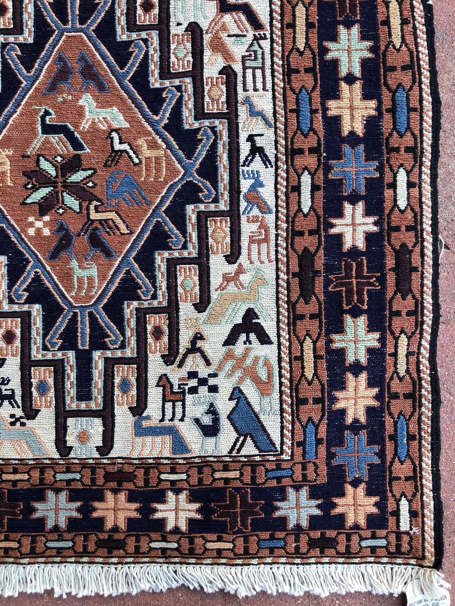 Contemporary Persian Multi-Color Tribal Animal Motif Sumak Kilim Rug For Sale