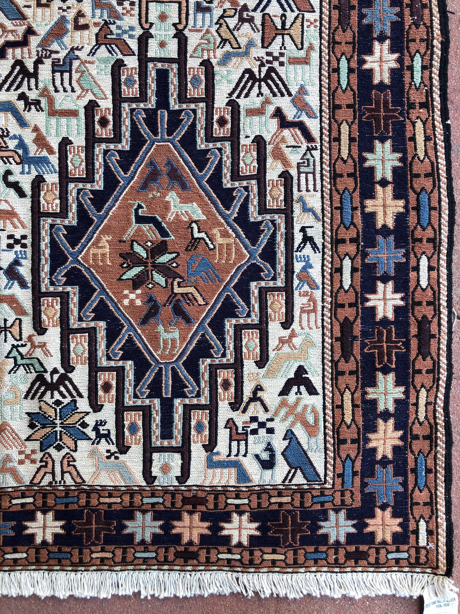Wool Persian Multi-Color Tribal Animal Motif Sumak Kilim Rug For Sale
