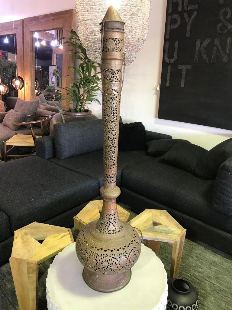Persian Syrian Middle Eastern Islamic Moorish Tall Floor or Table Brass Lamp For Sale at 1stDibs