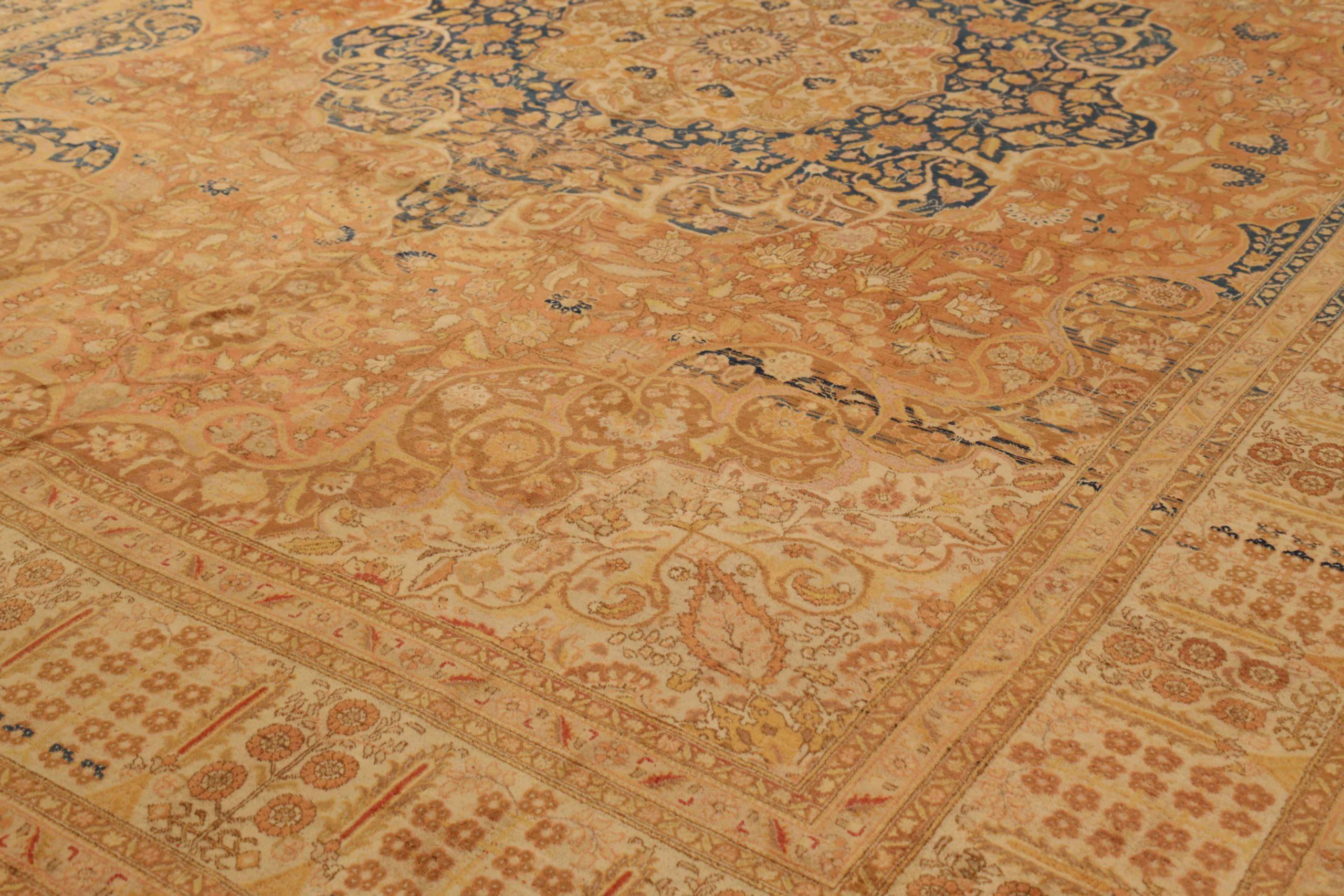Asian Persian Tabriz Area Rug (Round) - Cotton Ivory Navy Blue Orange 71970 For Sale
