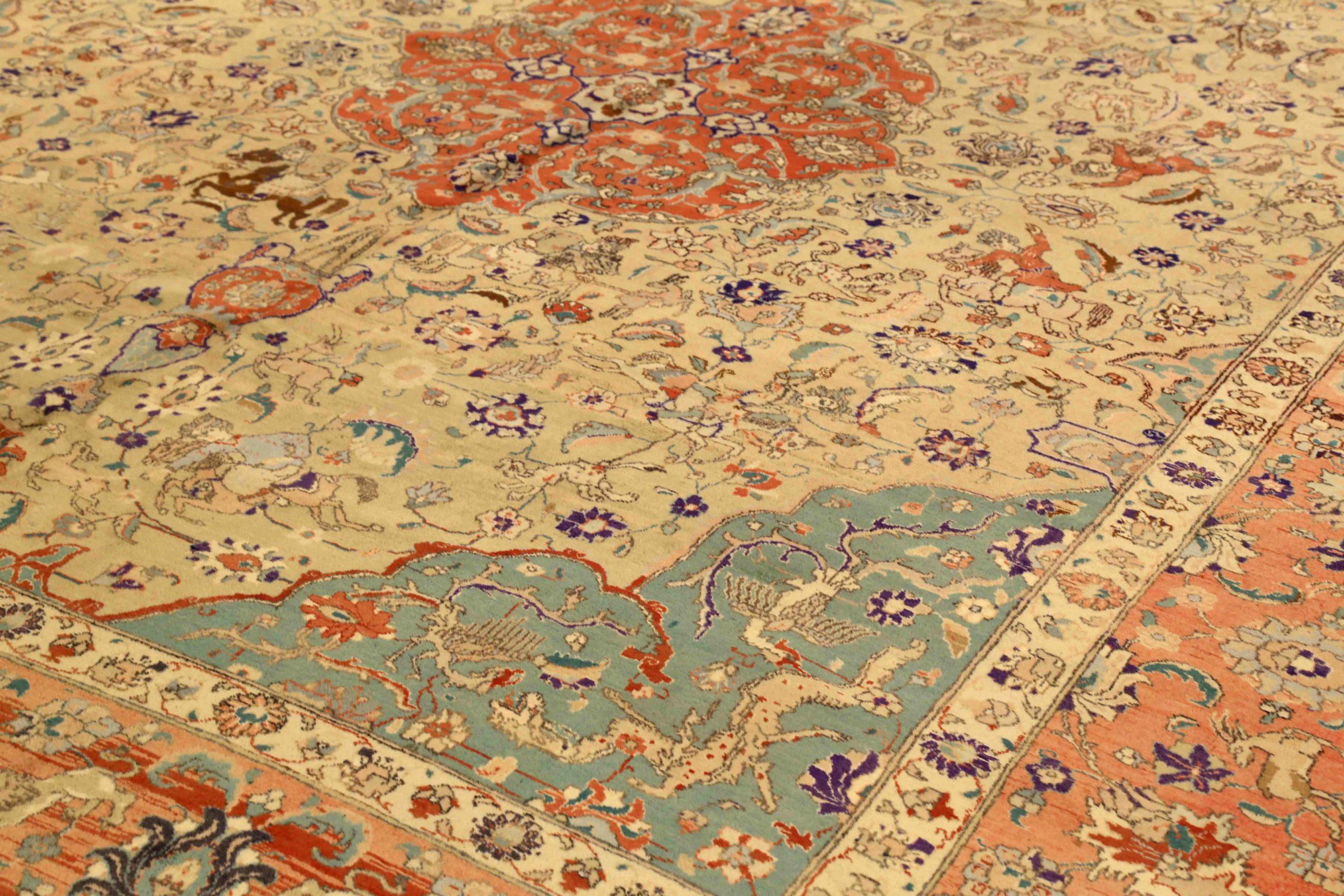 Persische Täbris-Teppiche um 1880 - Wolle Blau Elfenbein Rosa Rot Design - 75409 (Asiatisch) im Angebot