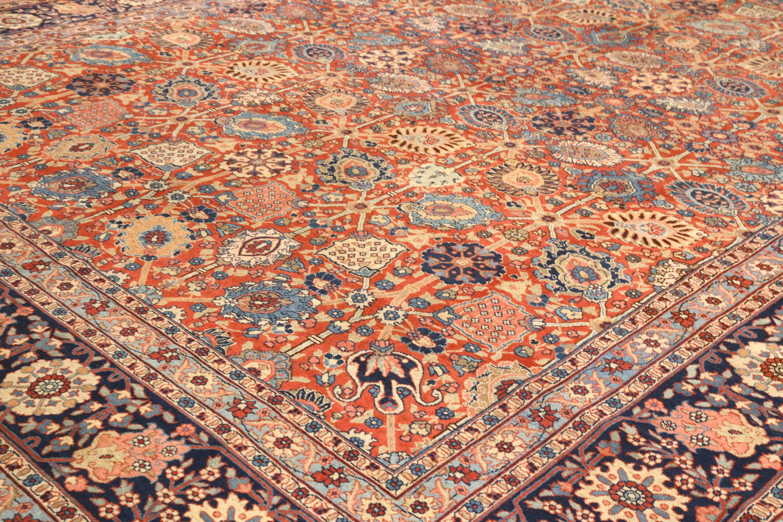 Asiatico Tappeti persiani Tabriz Circa 1880 - Lana Blu Navy Blu Rosso Giallo 73061 in vendita