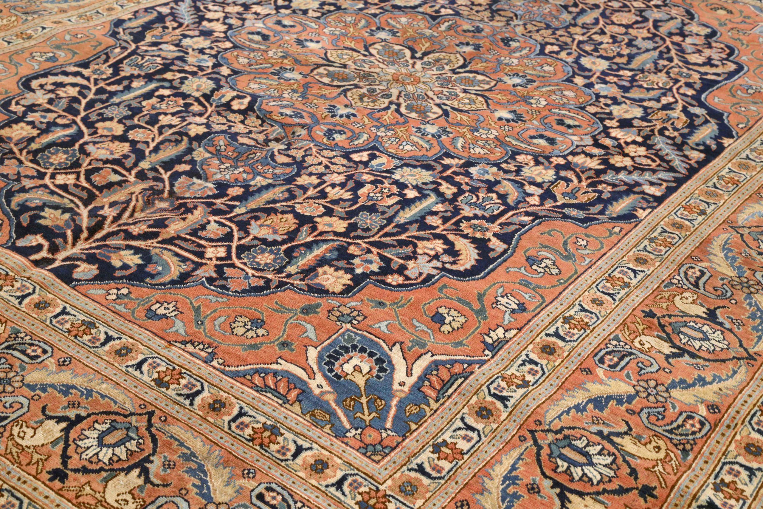Persische Täbris-Teppiche - Wolle Elfenbein Marineblau Blau Rot Design - 75138 (Asiatisch) im Angebot