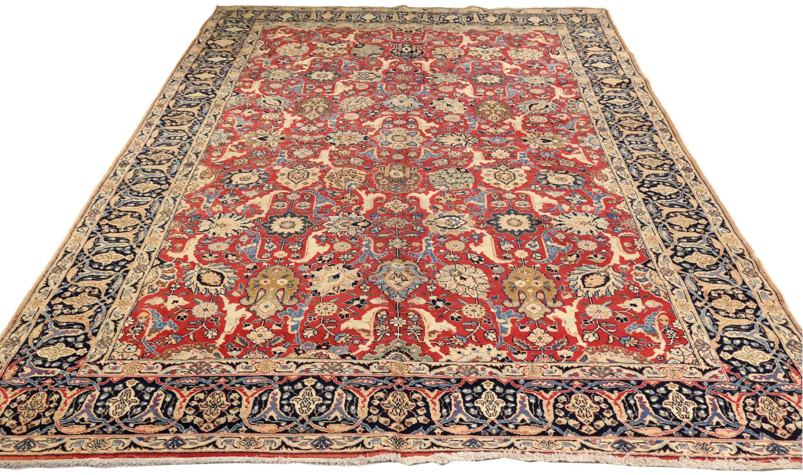Descubre la elegancia de las alfombras persas Tabriz de Circa 1880. Diseñado con Lana y MarfilAzul MarinoRojo, este diseño exclusivo es perfecto para realzar tu espacio.