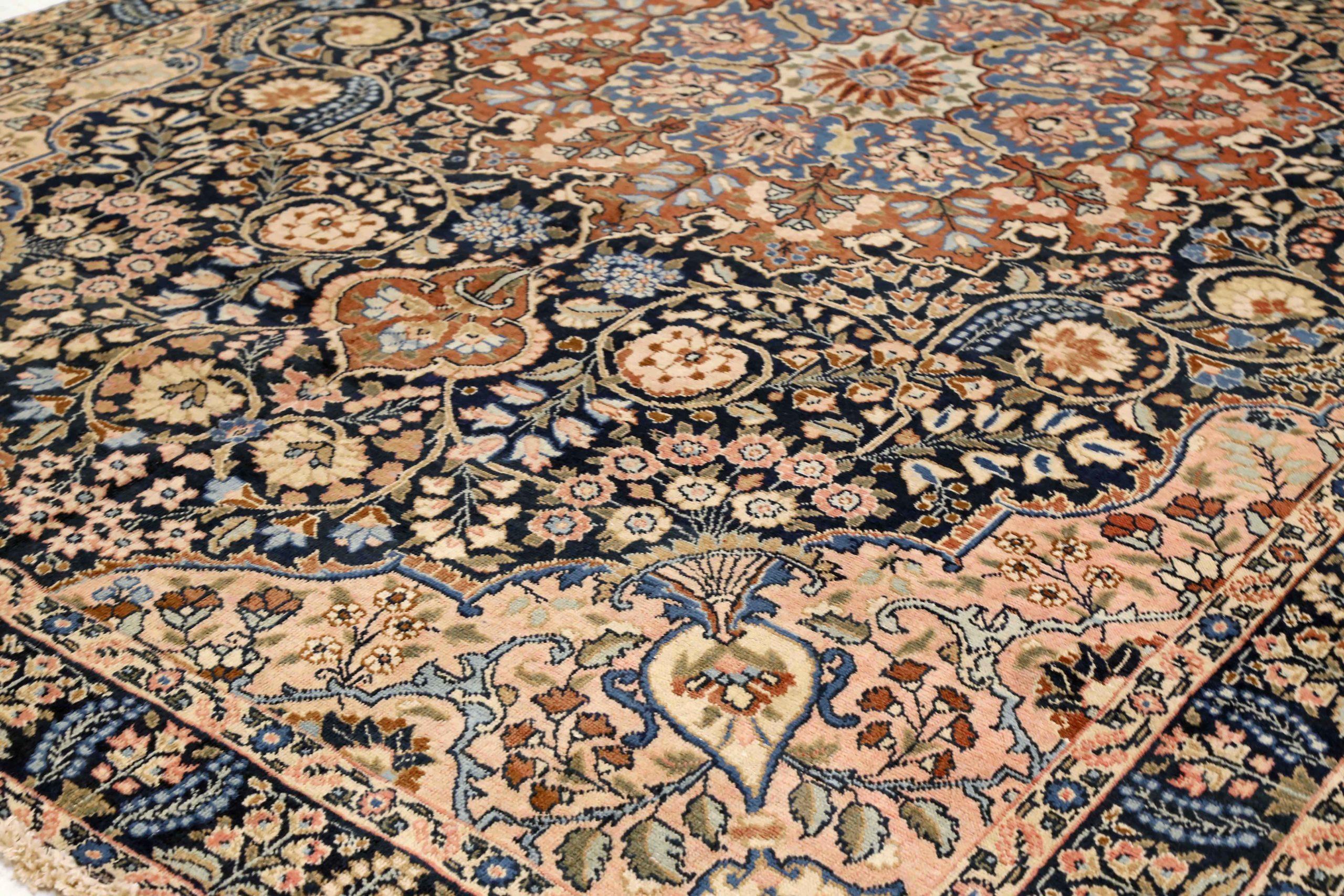 Asiatique Tapis persans de Tabriz - Laine ivoire bleu marine bleu rouge motif - 75331 en vente