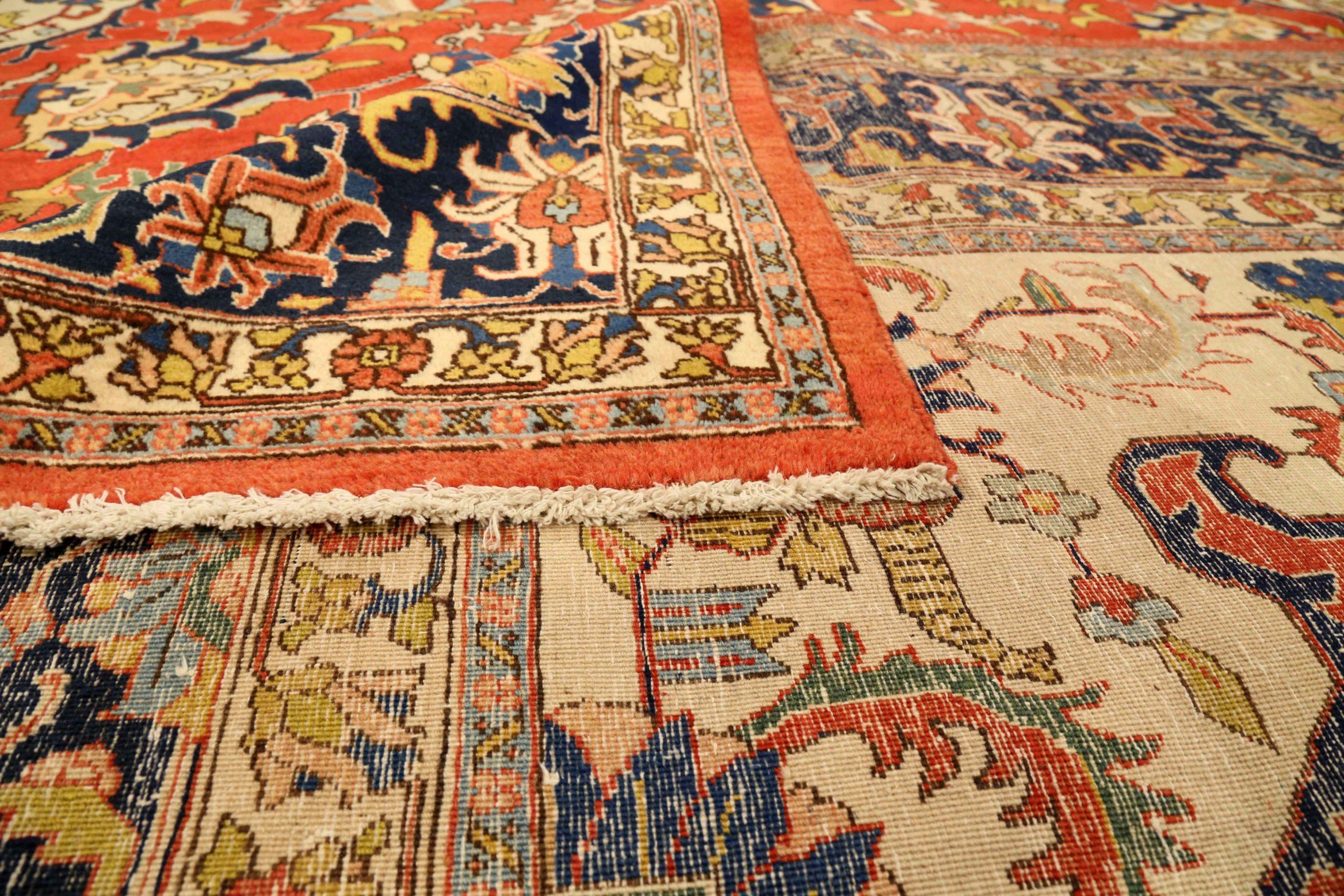Tappeti persiani Tabriz Circa 1880 - Lana Avorio Blu Navy Rosso Design - 75400 In condizioni ottime in vendita a Dallas, TX