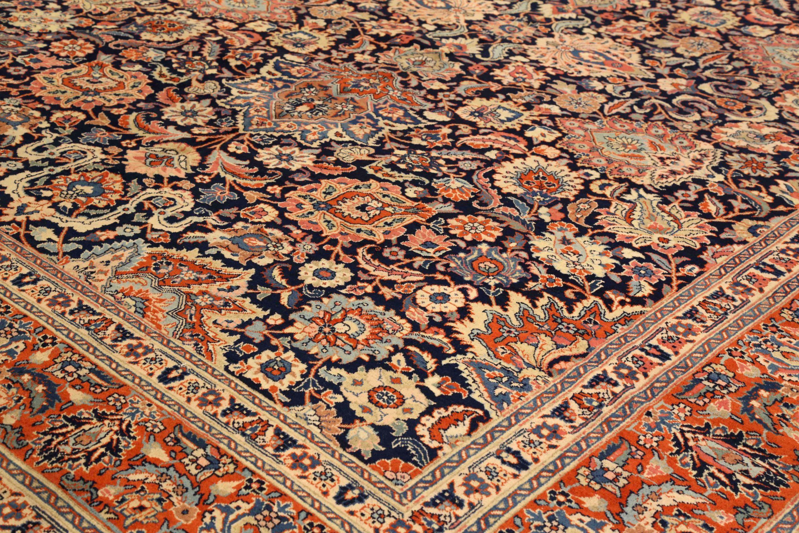 Asiatico Tappeti persiani Tabriz Circa 1880 - Lana Avorio Blu Navy Rosso Design - 75466 in vendita
