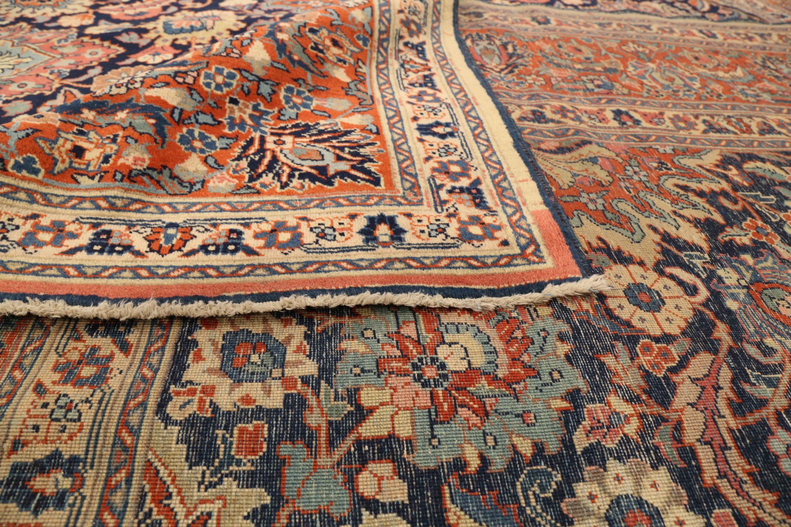 Tappeti persiani Tabriz Circa 1880 - Lana Avorio Blu Navy Rosso Design - 75466 In condizioni ottime in vendita a Dallas, TX