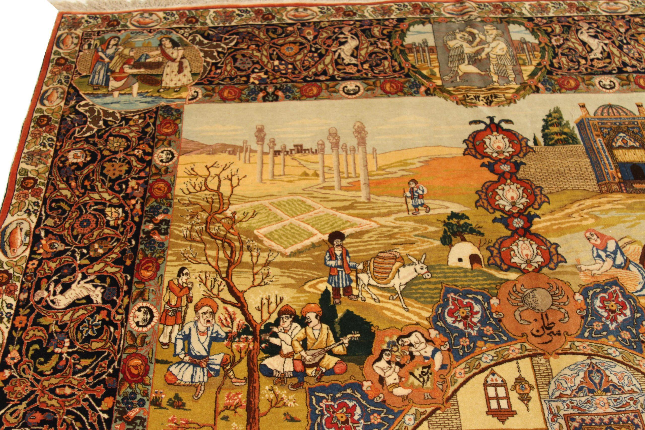 Perse Tapis persans de Tabriz datant d'environ 1910 - Laine bleu vert ivoire orange rouge 71745 en vente