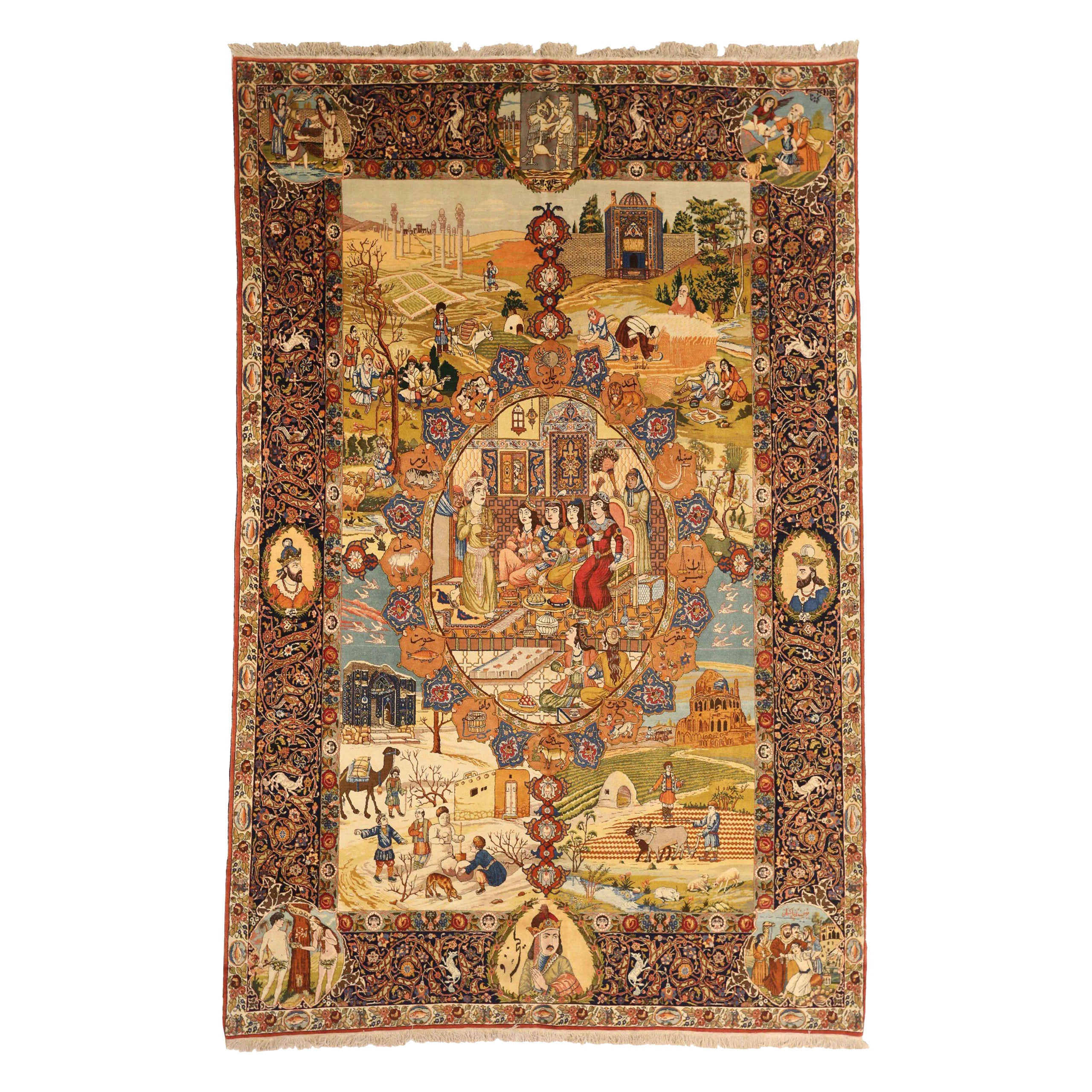 Tapis persans de Tabriz datant d'environ 1910 - Laine bleu vert ivoire orange rouge 71745 en vente