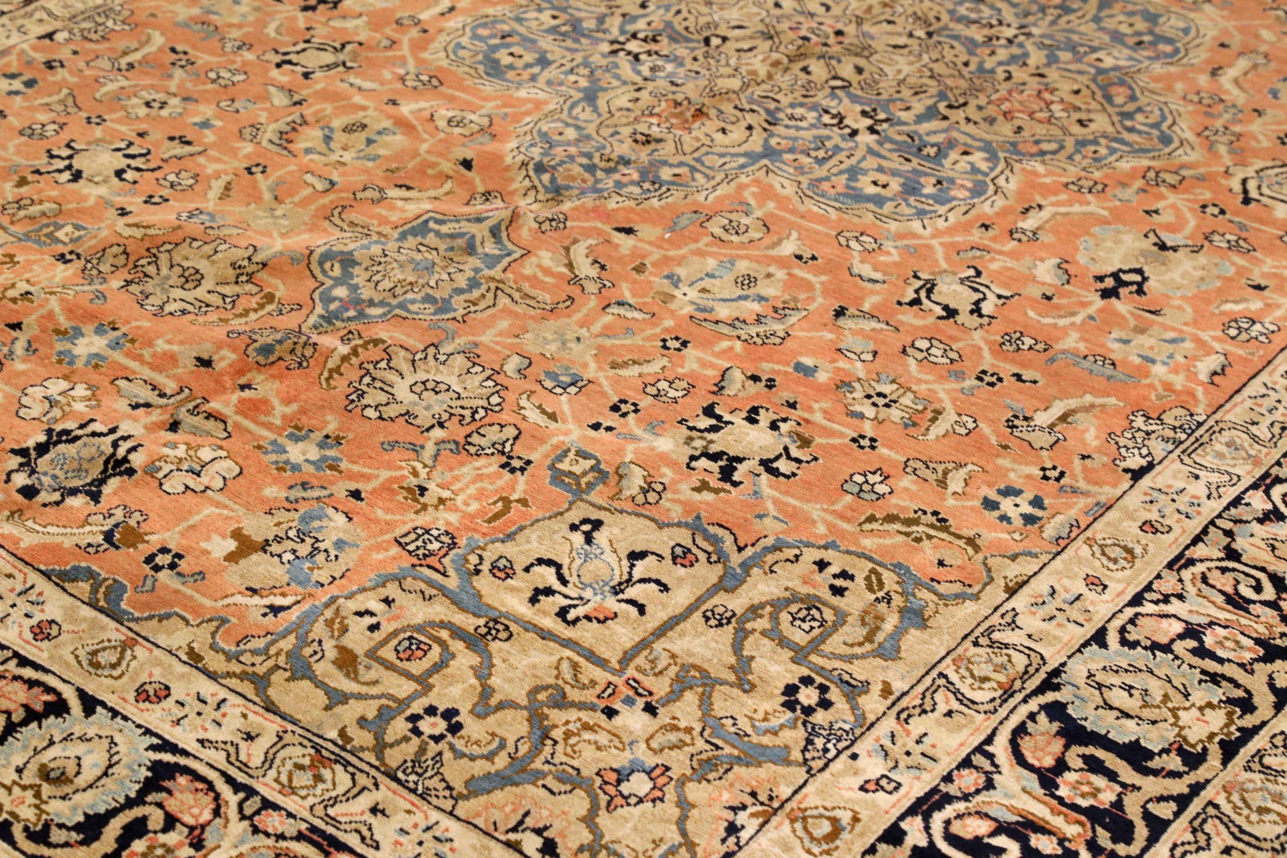 Asian Persian Tabriz Area Rugs Circa 1910 - Wool Blue Ivory Navy Blue Pink - 75410 For Sale