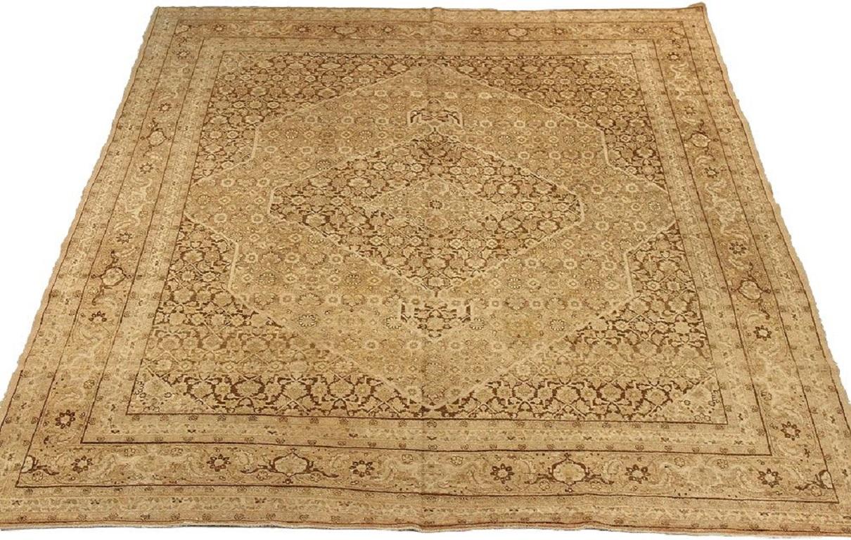 Entdecken Sie die Eleganz des persischen Täbris mit Teppichen um 1910. Dieses exklusive Design aus Wolle und Braun-Elfenbein ist perfekt, um Ihren Raum zu verschönern.
