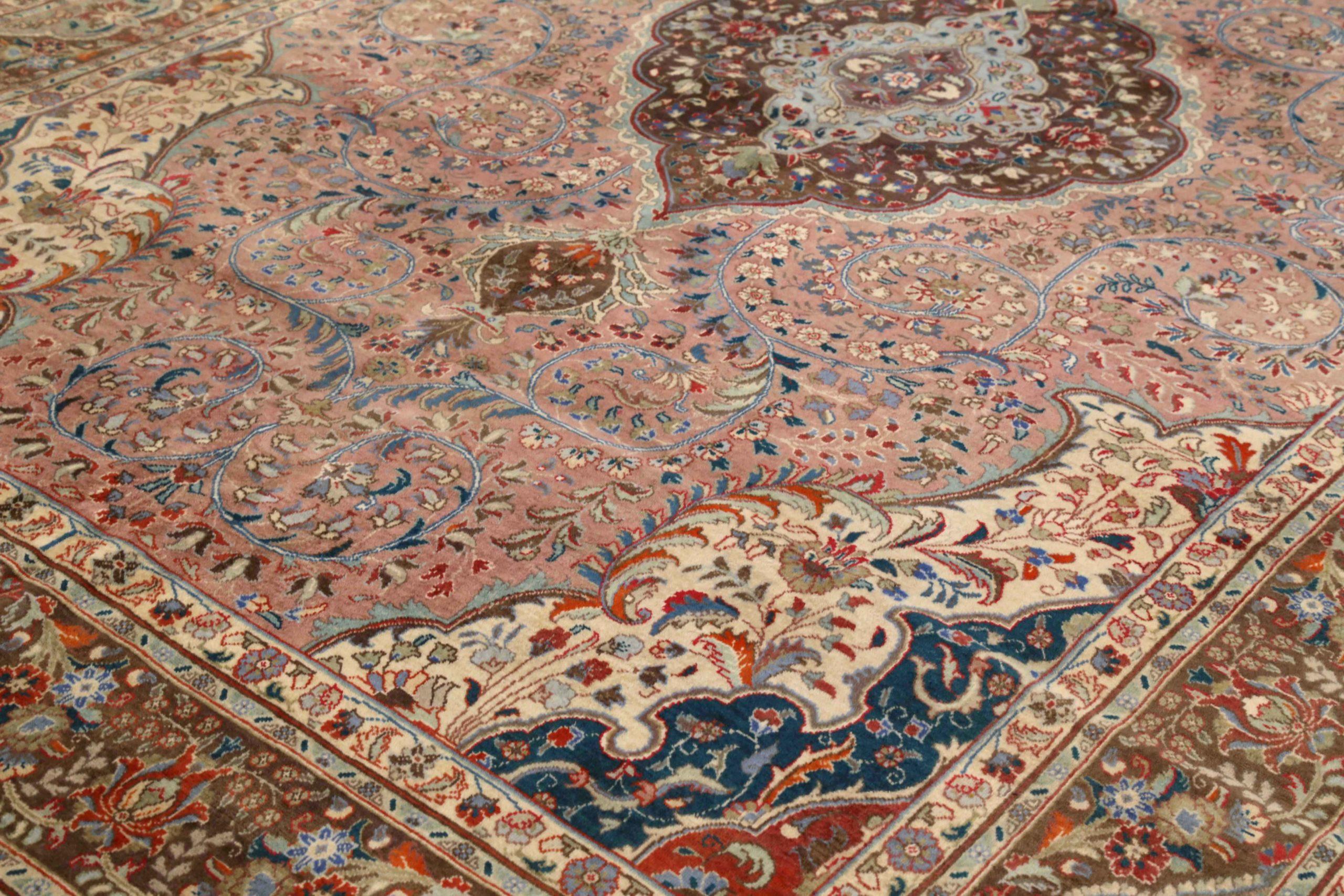 Persische Tabriz Bereich Teppiche CIRCA 1910 - Wolle Brown Elfenbein Rosa Design - 75263 (Asiatisch) im Angebot