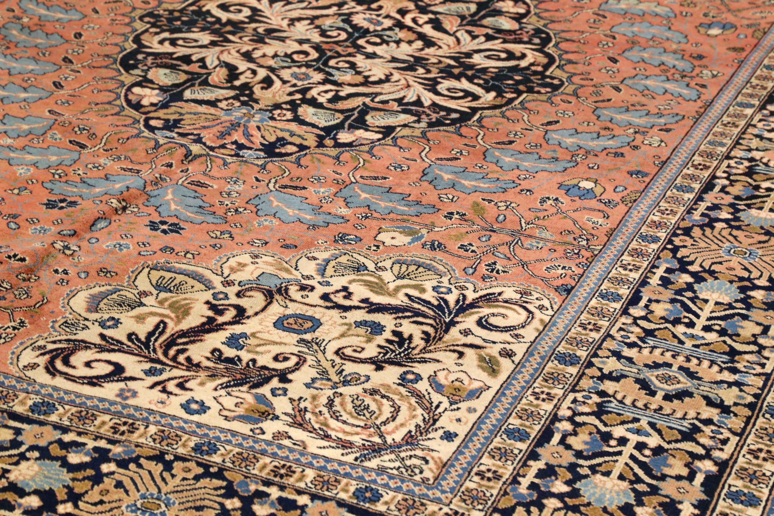 Asiatico Tappeti persiani Tabriz Circa 1910 - Lana Avorio Blu Navy Rosa Design - 75210 in vendita