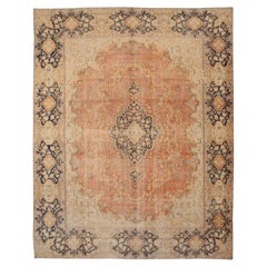 Tapis persans de Tabriz datant d'environ 1910 - Laine ivoire bleu marine bleu rose motif - 91761