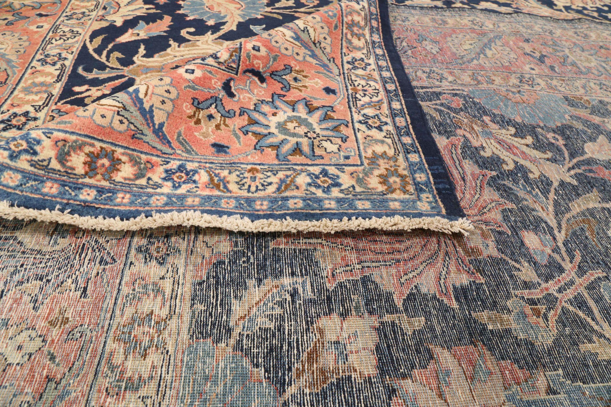 Tappeti persiani Tabriz Circa 1910 - Lana Avorio Blu Navy Rosso 71433 In condizioni ottime in vendita a Dallas, TX
