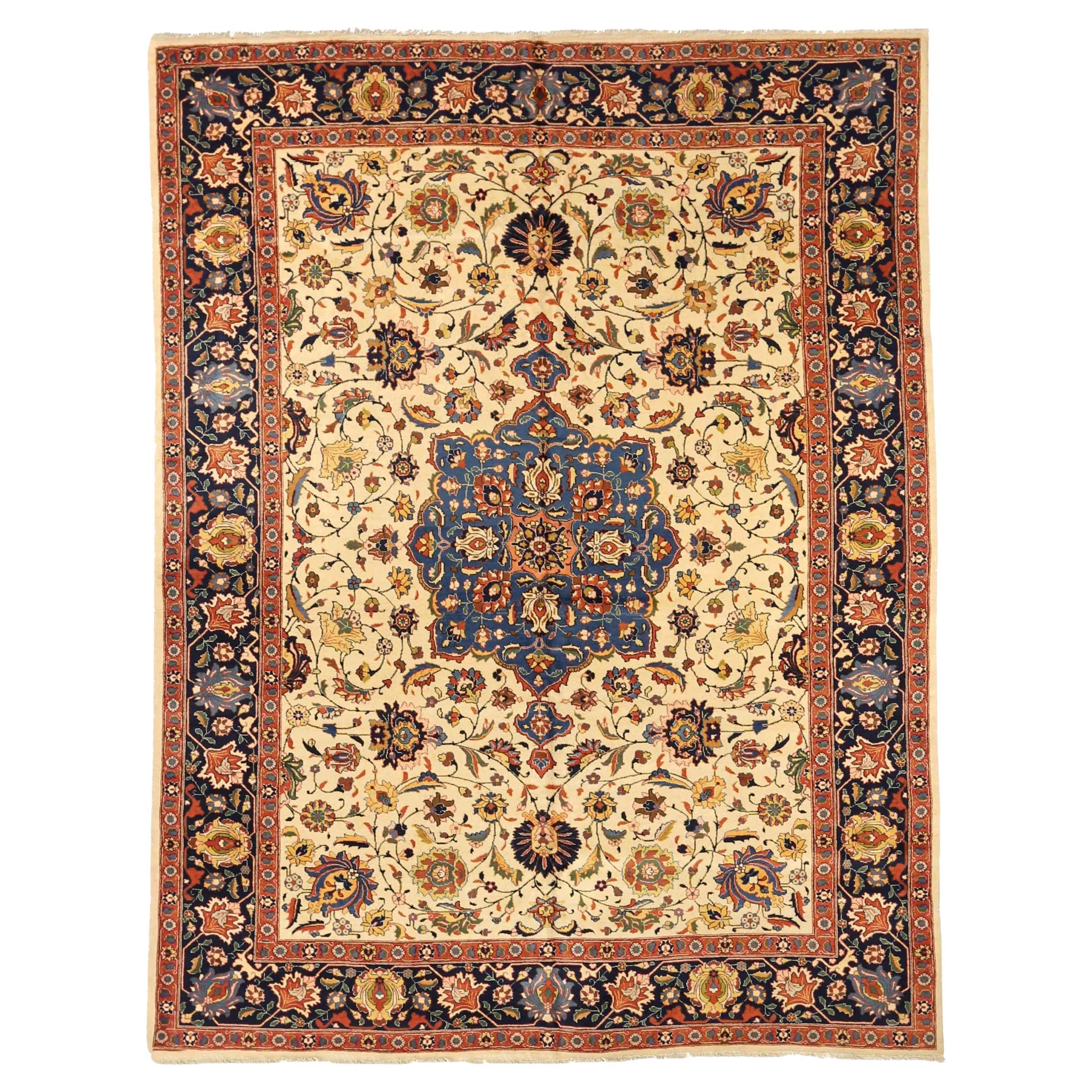 Persian Tabriz Area Rugs Circa 1910 - Wool Ivory Navy Blue Red Yellow - 75235