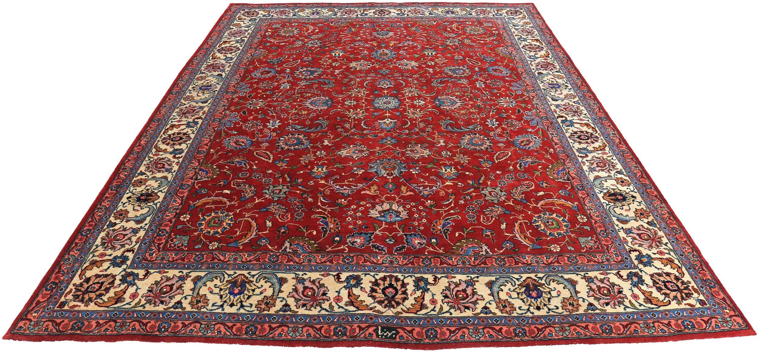 Scopri l'eleganza del Tabriz persiano con i tappeti d'area CIRCA del 1940. Progettato con lana e blu-avorio-rosso, questo design esclusivo è perfetto per valorizzare il tuo spazio.