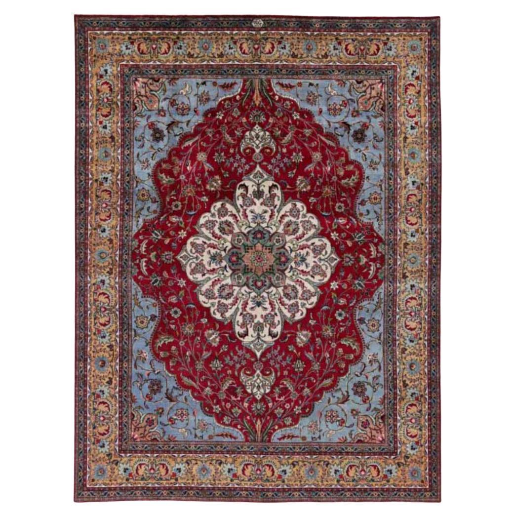 Tapis persans de Tabriz datant d'environ 1940, motif en laine bleu ivoire rouge - 91442