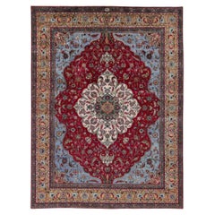 Tapis persans de Tabriz datant d'environ 1940, motif en laine bleu ivoire rouge - 91442