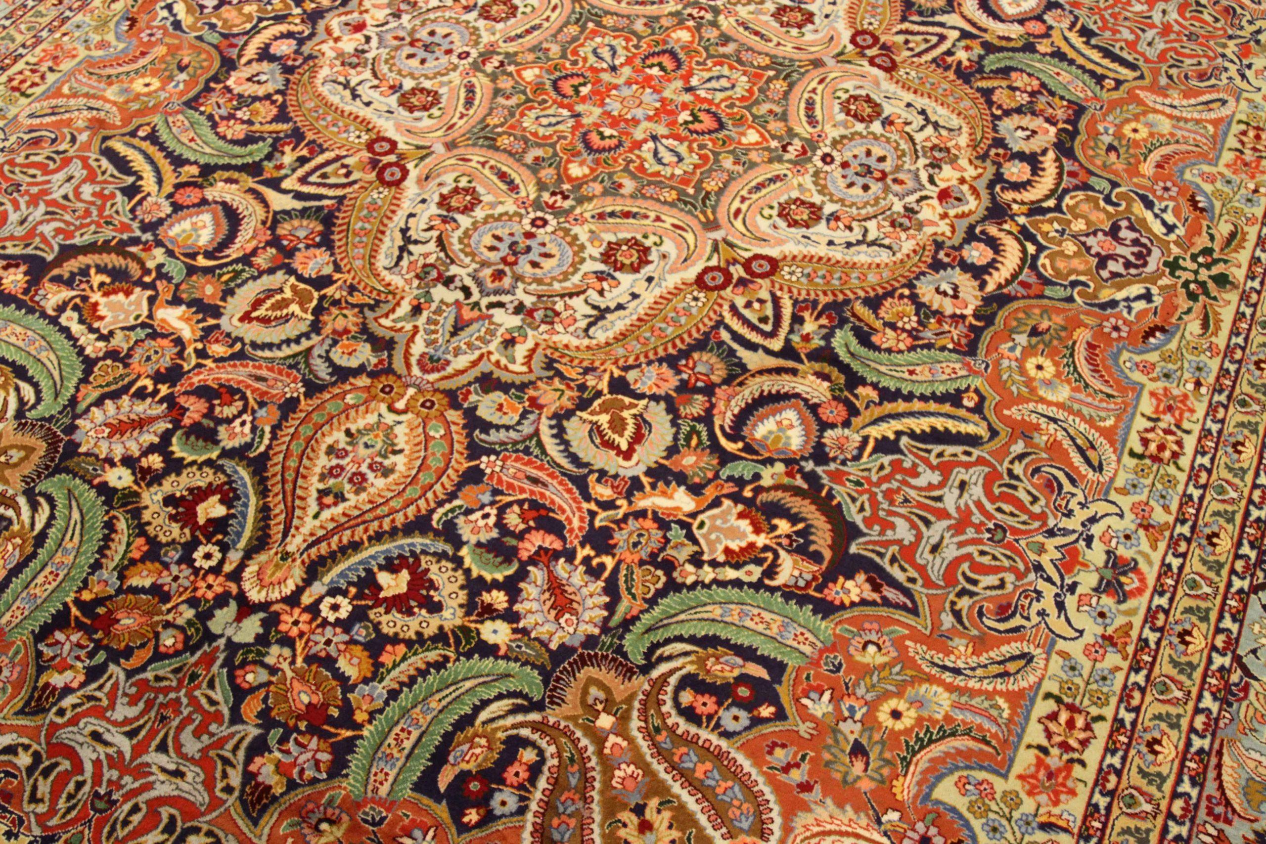 Asiatico Tappeti persiani Tabriz Circa 1940 - Lana Verde Avorio Blu Navy Rosso - 75580 in vendita