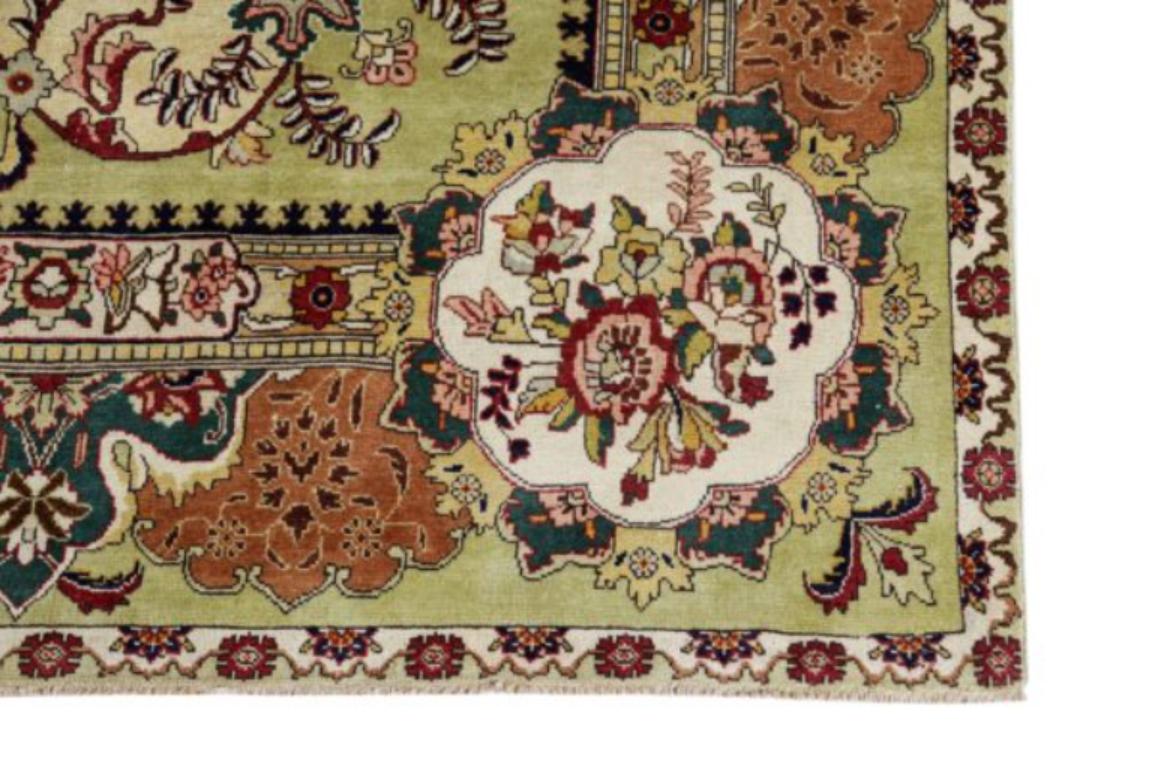 Asian Persian Tabriz Area Rugs Circa 1940 - Wool Green Ivory Orange Design - 91567 For Sale
