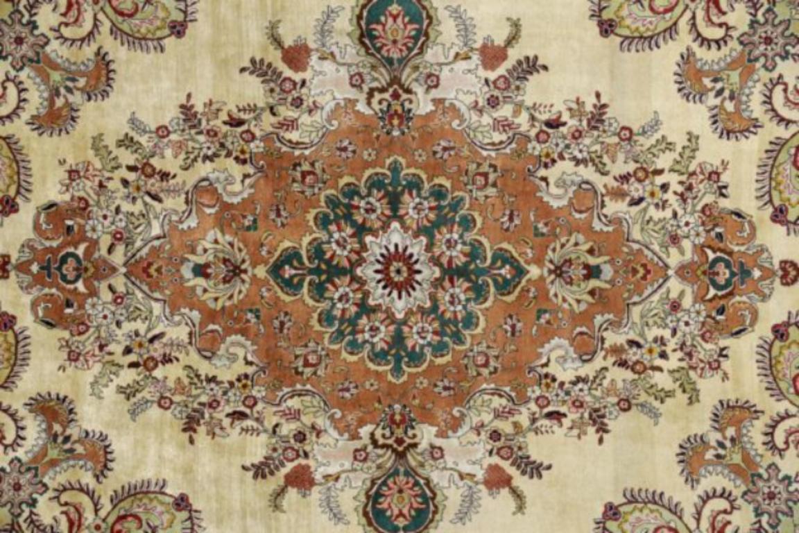 20th Century Persian Tabriz Area Rugs Circa 1940 - Wool Green Ivory Orange Design - 91567 For Sale