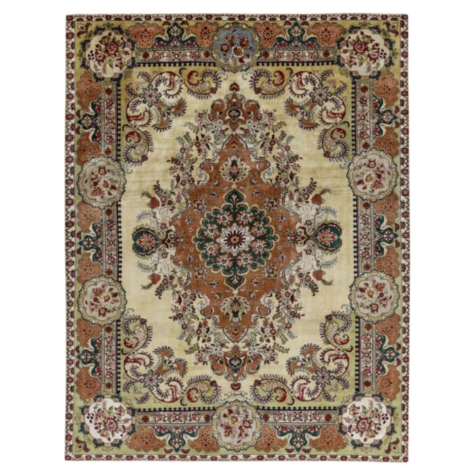 Persian Tabriz Area Rugs Circa 1940 - Wool Green Ivory Orange Design - 91567 For Sale