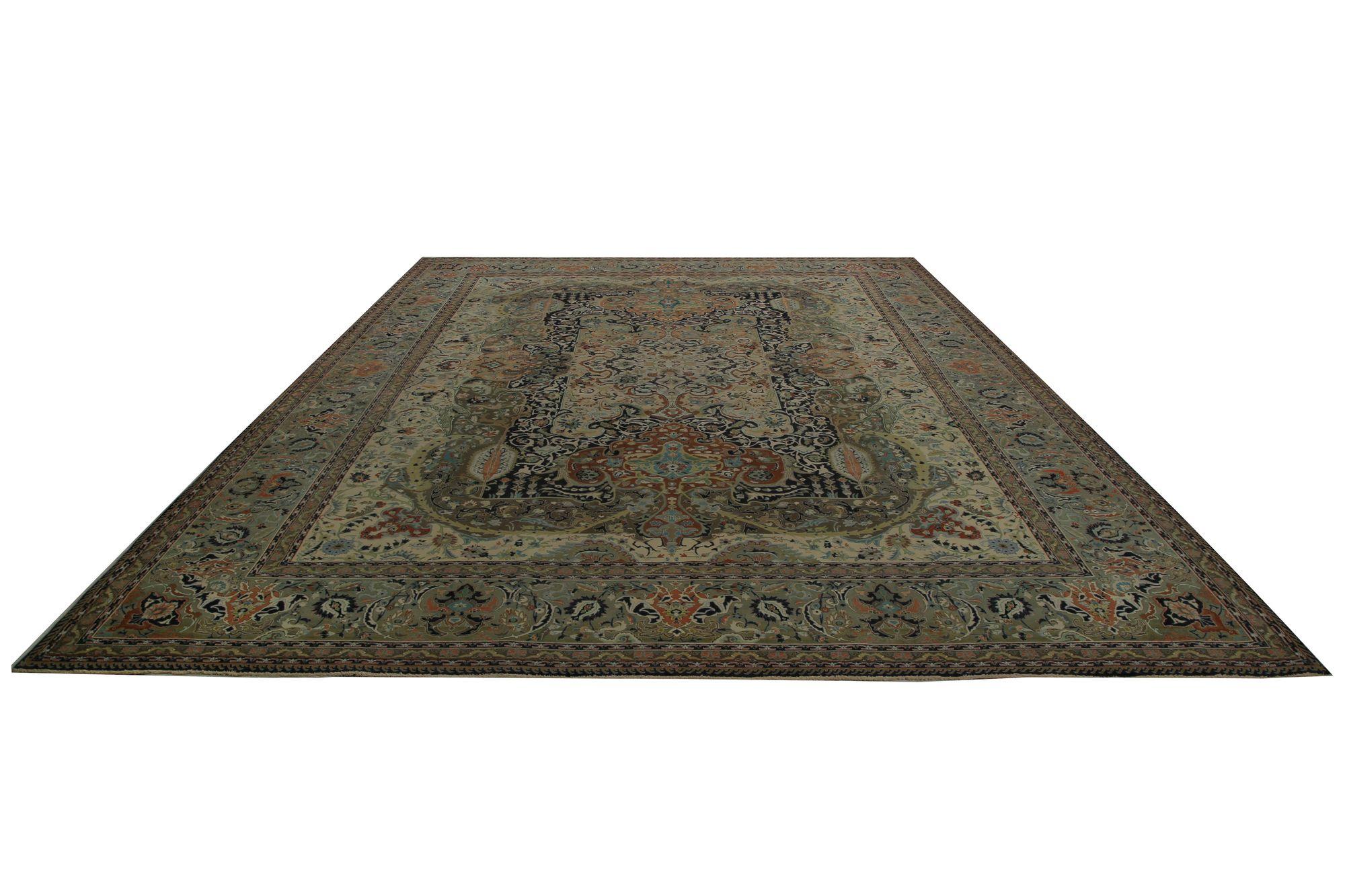 Persische Täbris-Teppiche - Wolle Schwarz Grün Elfenbein Rot Design - 97244 im Zustand „Hervorragend“ im Angebot in Dallas, TX