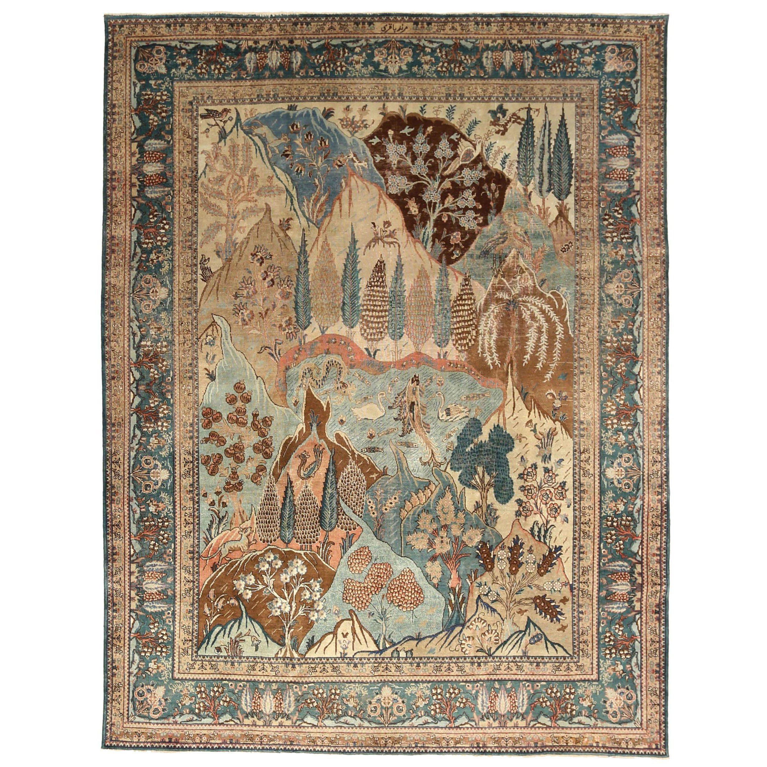 Persian Tabriz Area Rugs - Wool Blue Brown Ivory Design - 88791
