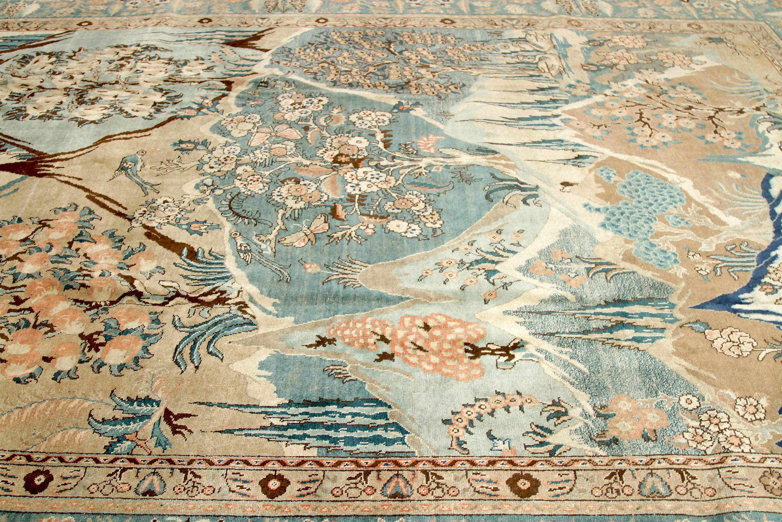 Iraqi Persian Tabriz Area Rugs - Wool Blue Brown Ivory Design - 88803 For Sale
