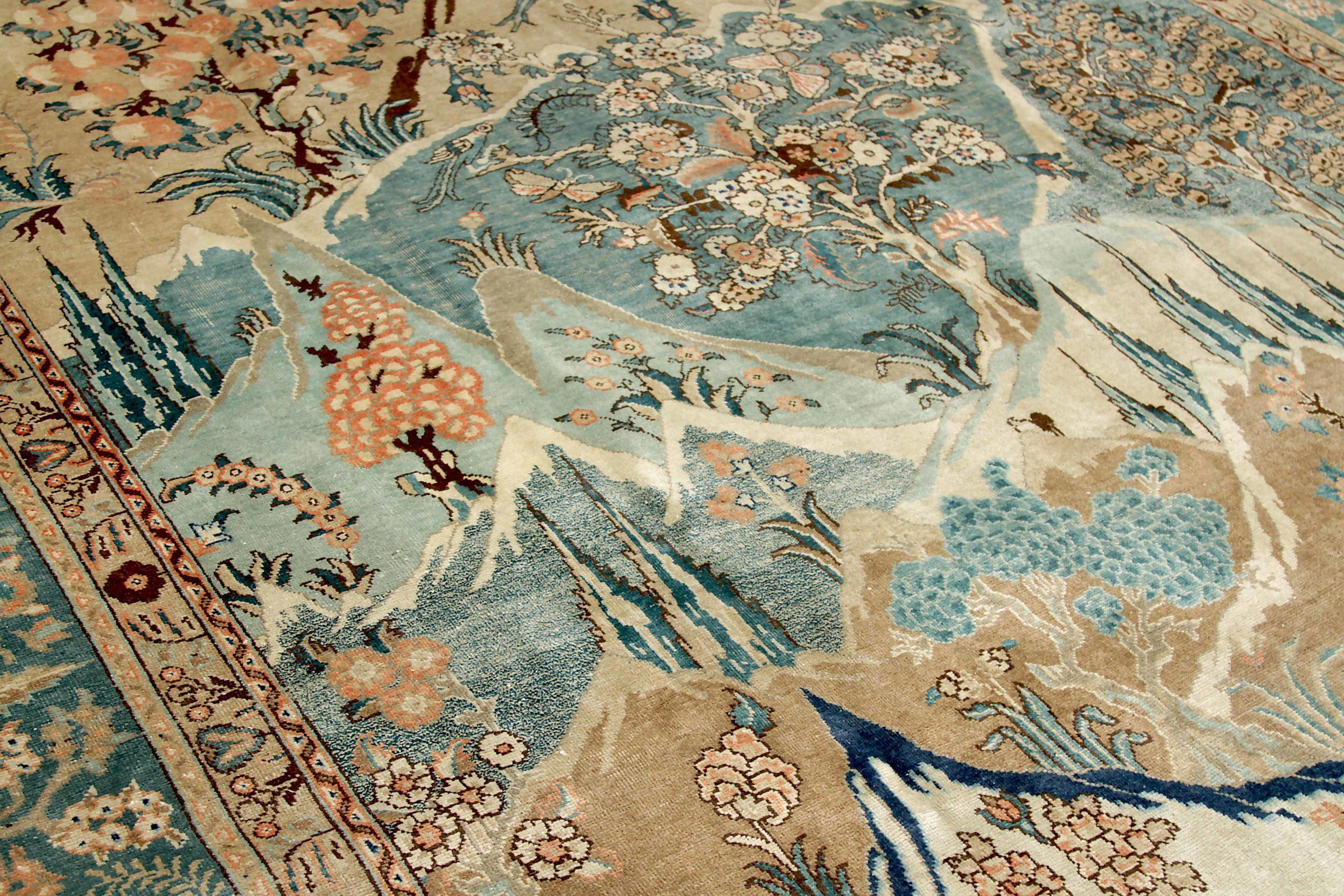 20th Century Persian Tabriz Area Rugs - Wool Blue Brown Ivory Design - 88803 For Sale