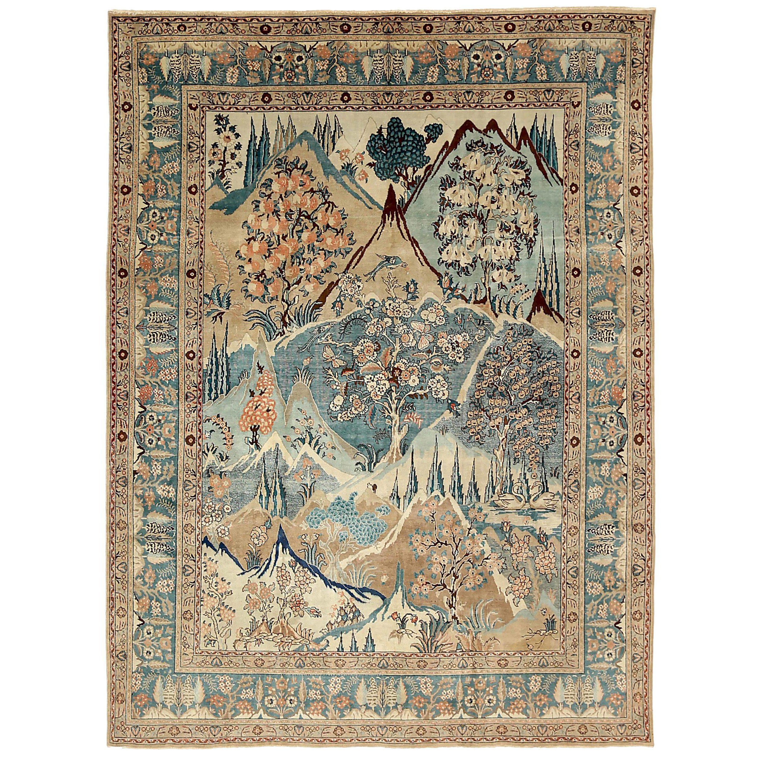 Persian Tabriz Area Rugs - Wool Blue Brown Ivory Design - 88803 For Sale