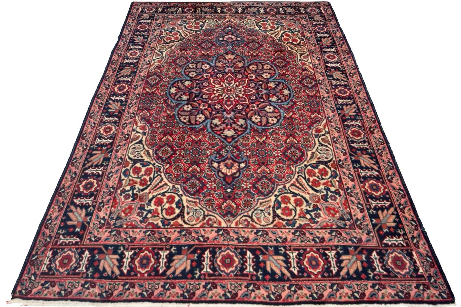 Hand-Knotted Persian Tabriz Area Rug - Ivory Navy Blue Red (54 x 77) For Sale