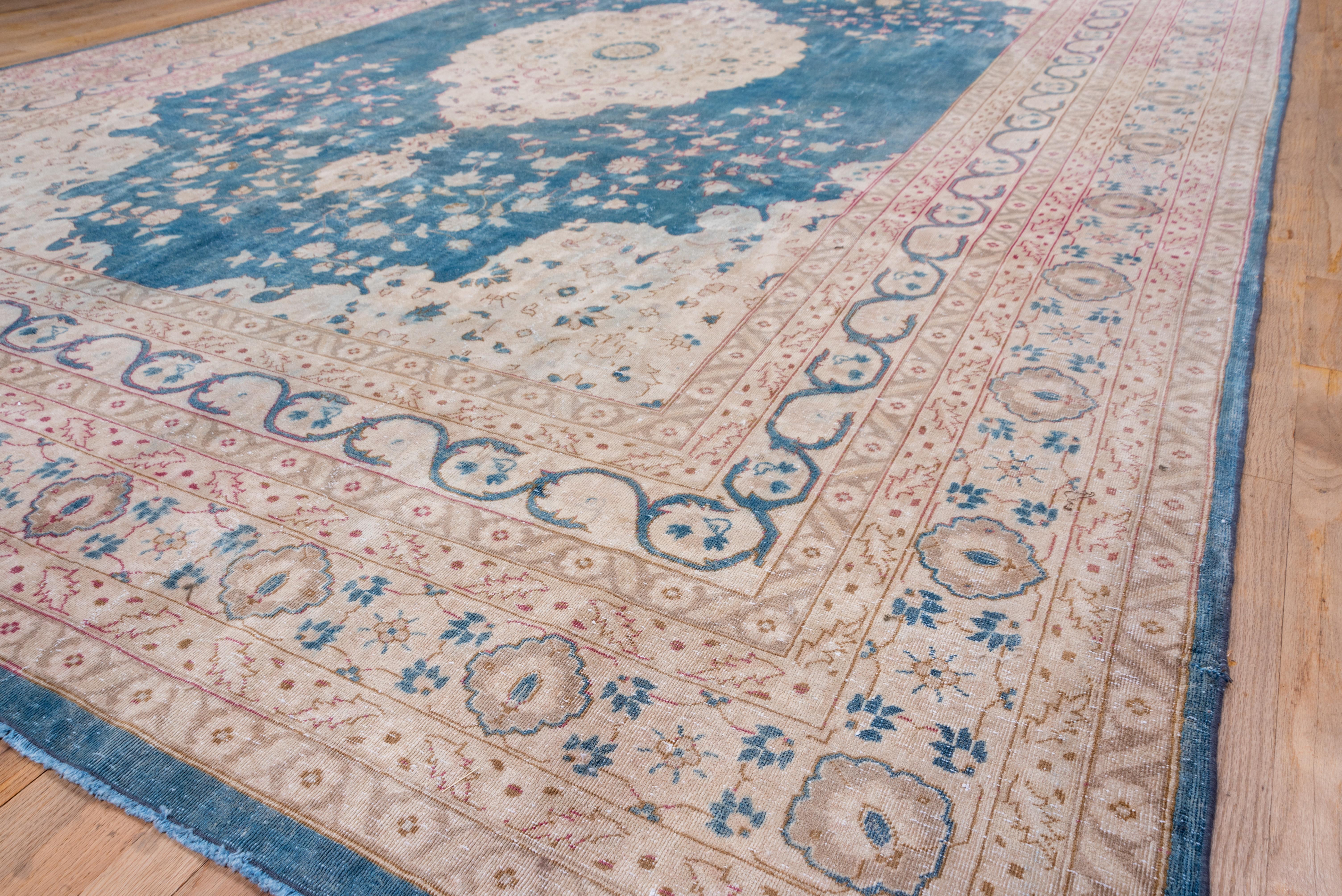 Hand-Knotted Persian Tabriz Carpet, Bright Blue Field, Center Medallion, Ivory Borders For Sale