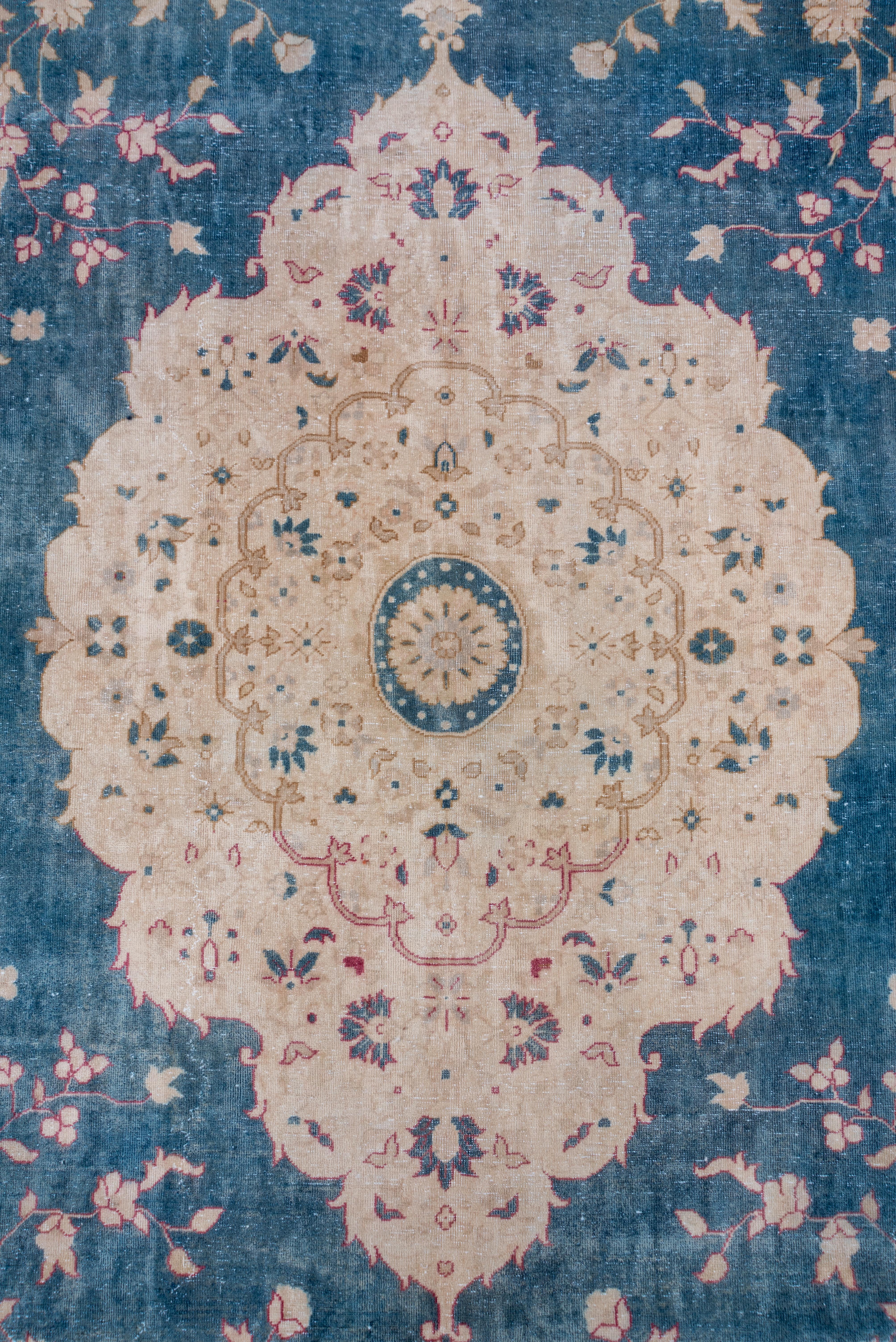 Mid-20th Century Persian Tabriz Carpet, Bright Blue Field, Center Medallion, Ivory Borders For Sale