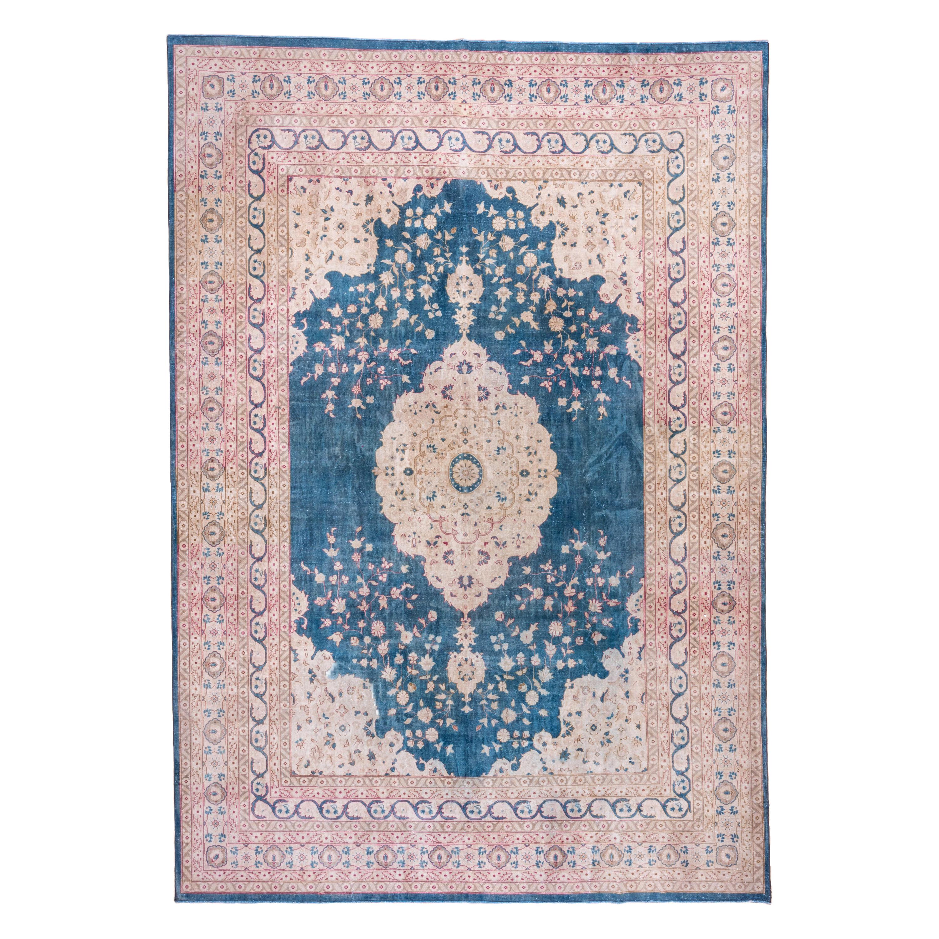 Persian Tabriz Carpet, Bright Blue Field, Center Medallion, Ivory Borders