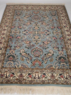 Persian Tabriz Hand Knotted Floral Blue and Ivory Rug, circa 1970