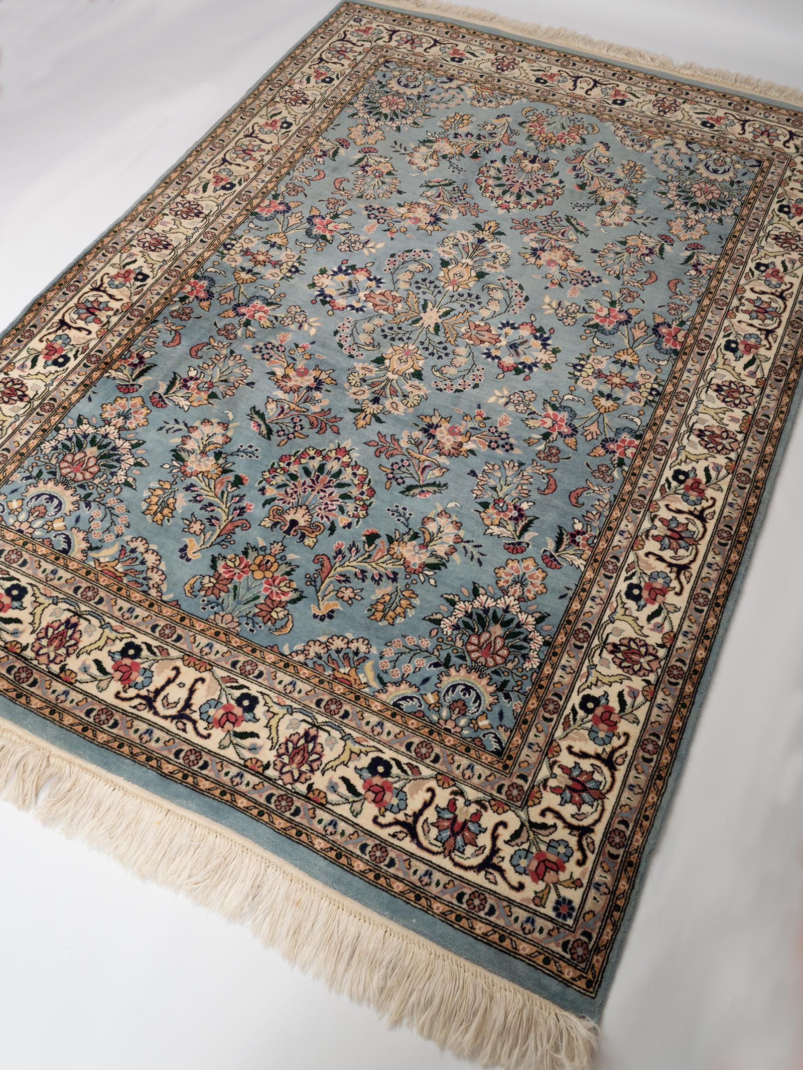 European Persian Tabriz Hand Knotted Floral Blue and Ivory Rug, circa 1970 For Sale