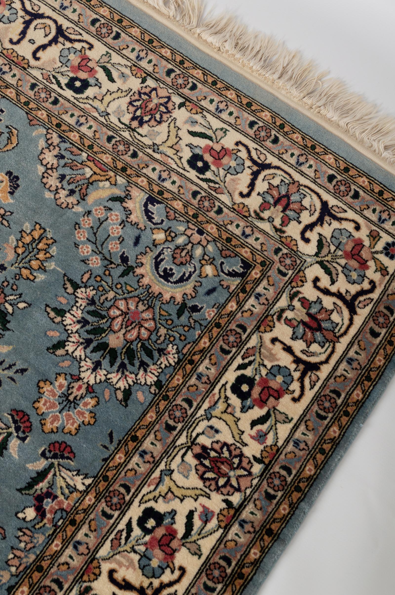 Wool Persian Tabriz Hand Knotted Floral Blue and Ivory Rug, circa 1970 For Sale