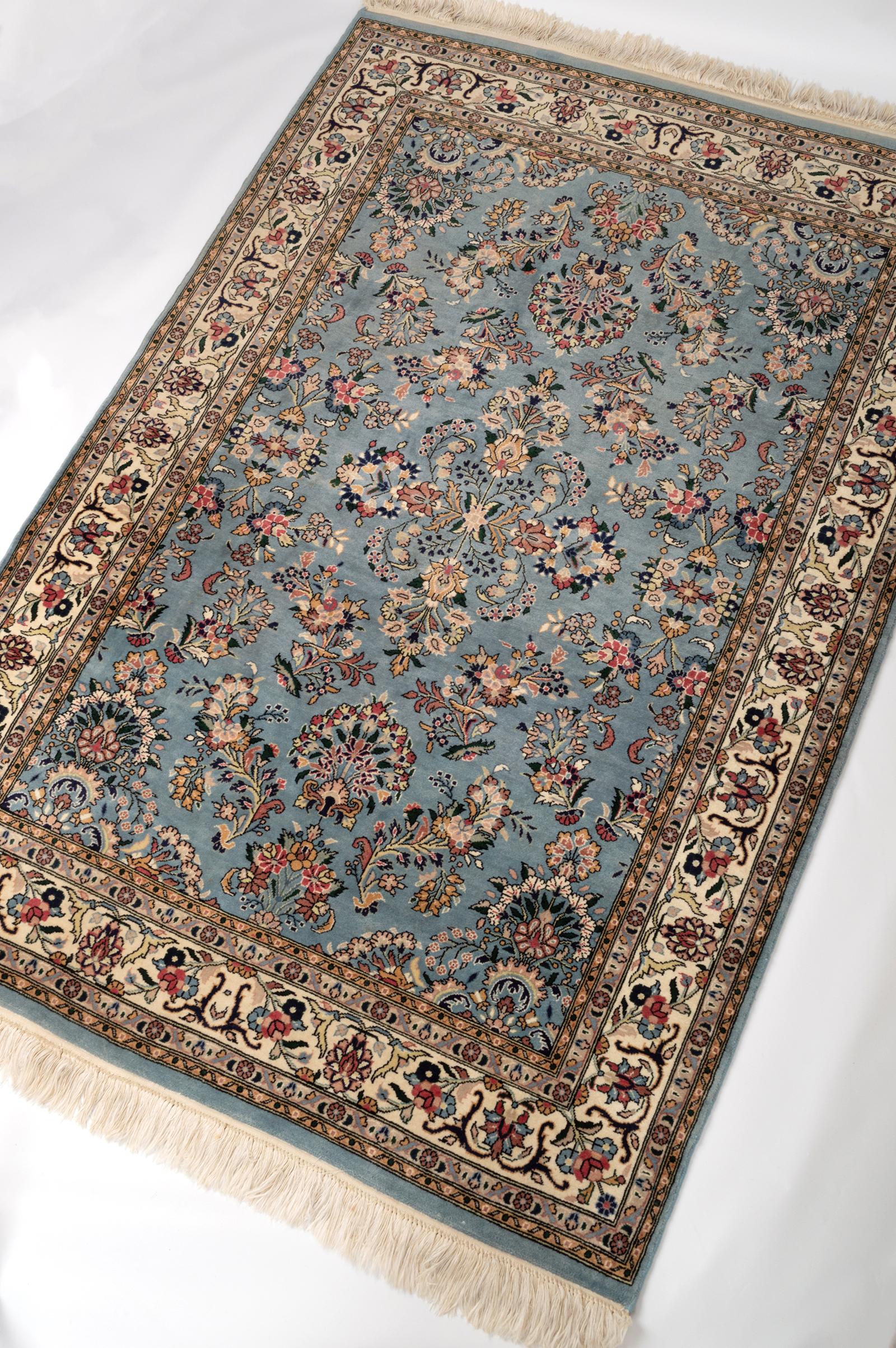 Persian Tabriz Hand Knotted Floral Blue and Ivory Rug, circa 1970 For Sale 1