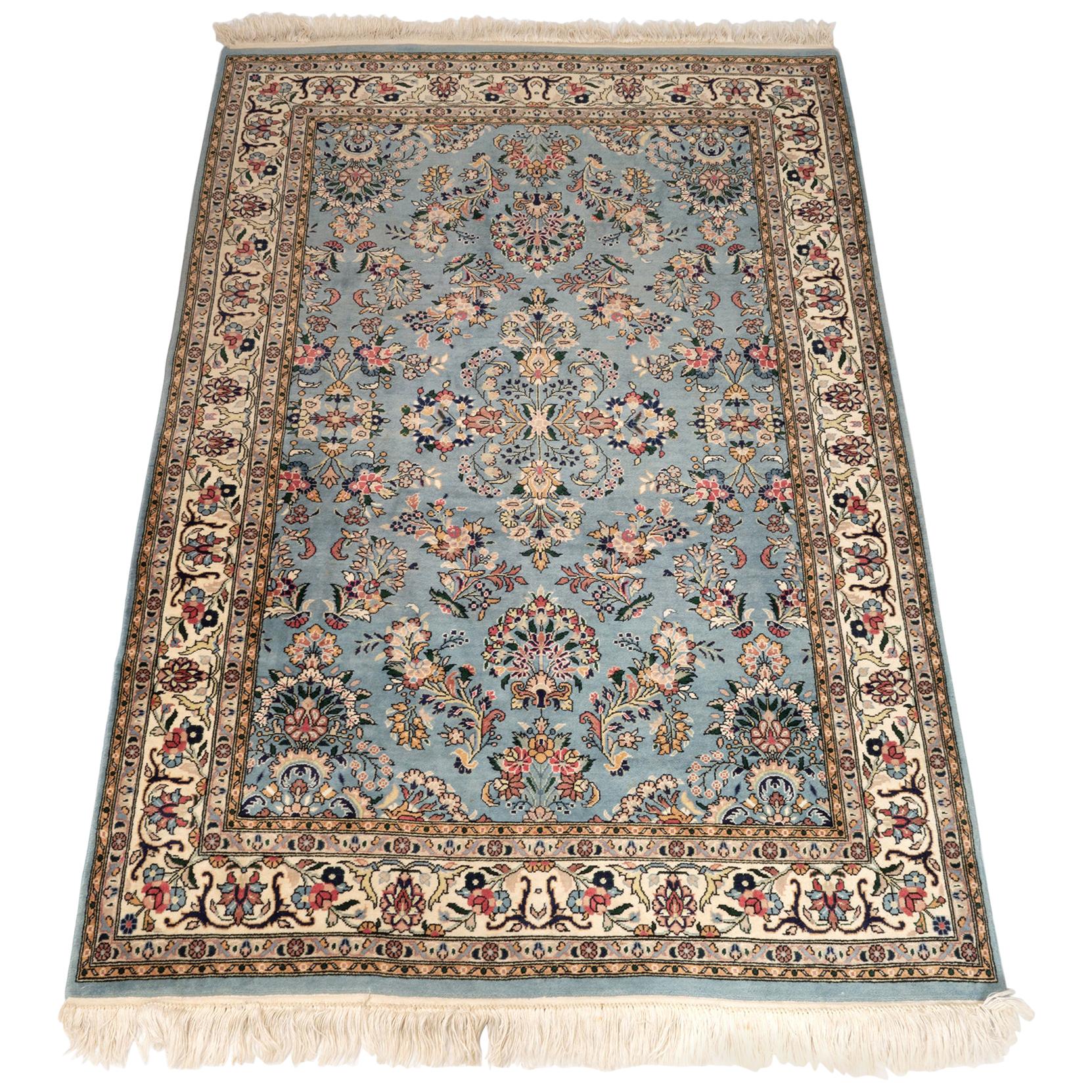 Persian Tabriz Hand Knotted Floral Blue and Ivory Rug, circa 1970 For Sale