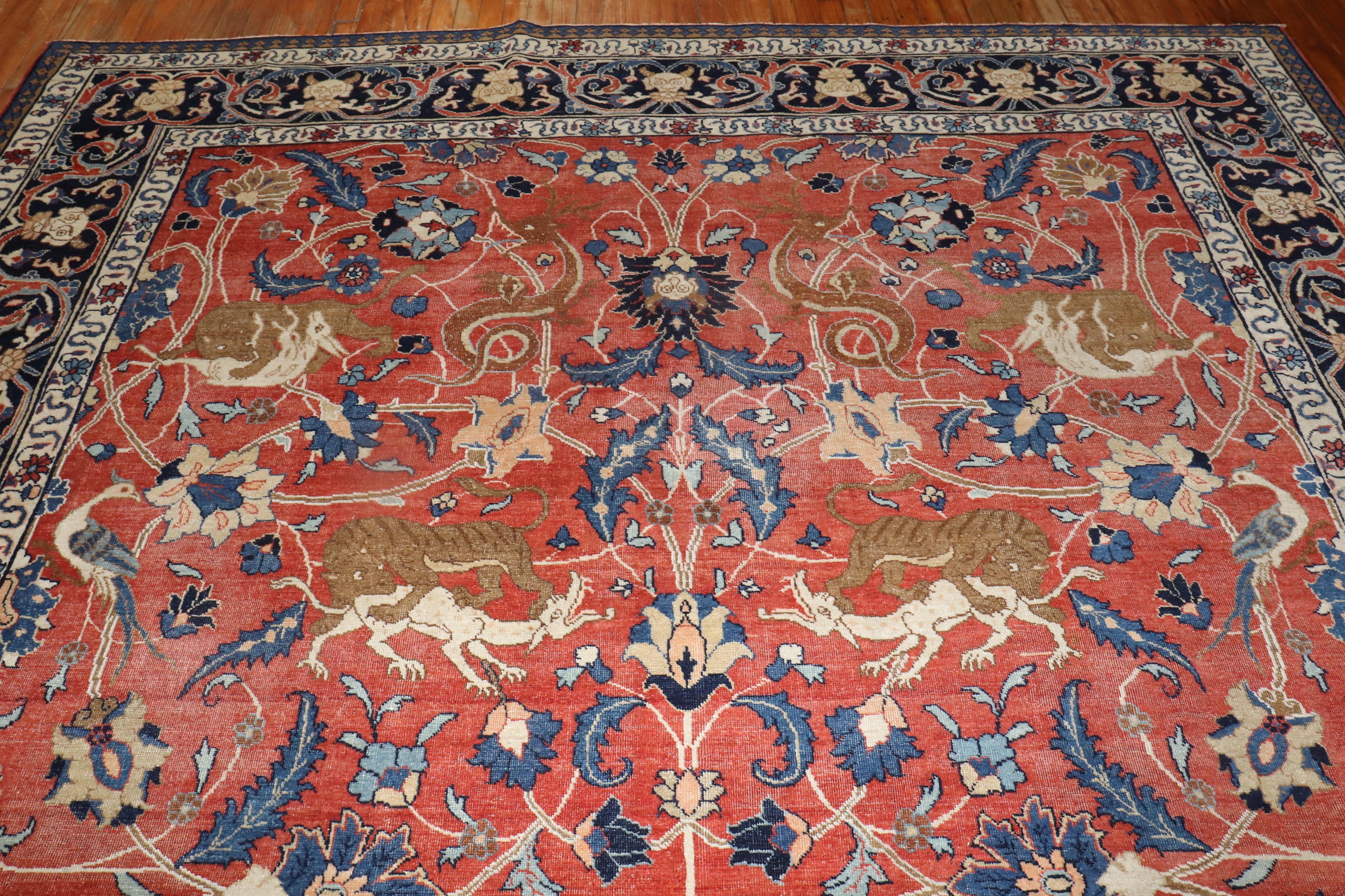 Persian Tabriz Hunting Animal Pictorial Rug In Good Condition For Sale In New York, NY